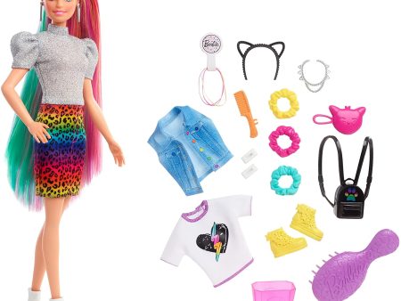 Barbie Leopard Rainbow Hair Doll With Color Change Hair Feature 16 Accessories Fashion