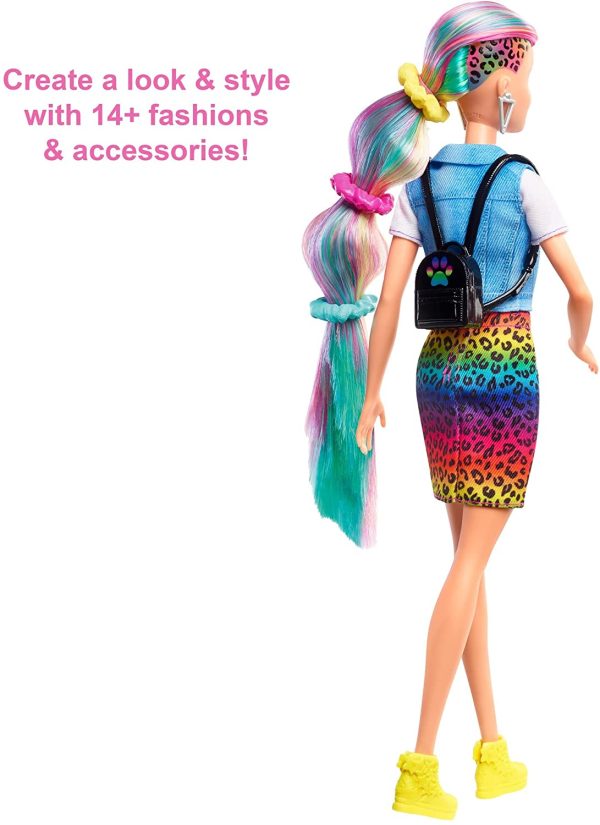 Barbie Leopard Rainbow Hair Doll With Color Change Hair Feature 16 Accessories Fashion