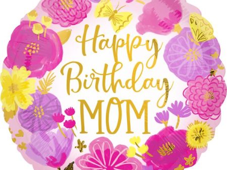 Happy Birthday Mom Painted Flowers 17  Foil Balloon, 1ct For Sale