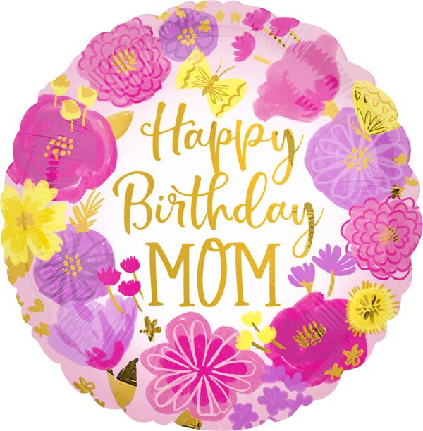 Happy Birthday Mom Painted Flowers 17  Foil Balloon, 1ct For Sale