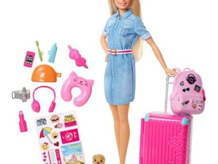 Barbie Travel Doll Blonde with Puppy, Suitcase, Stickers and 10+ Accessories Online Sale